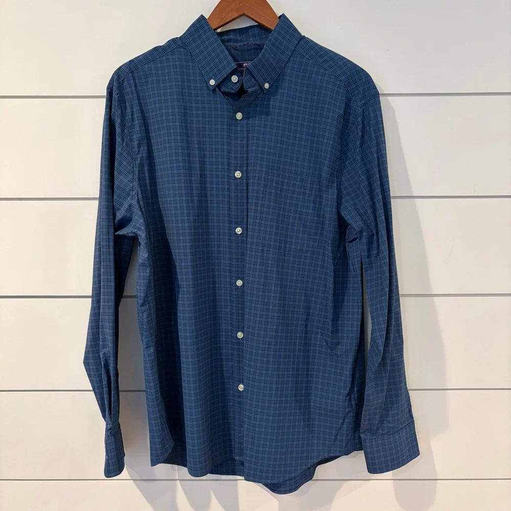Vineyard Vines Performance Classic Fit Blue Green Plaid Shirt L Button Down - Picture 2 of 7